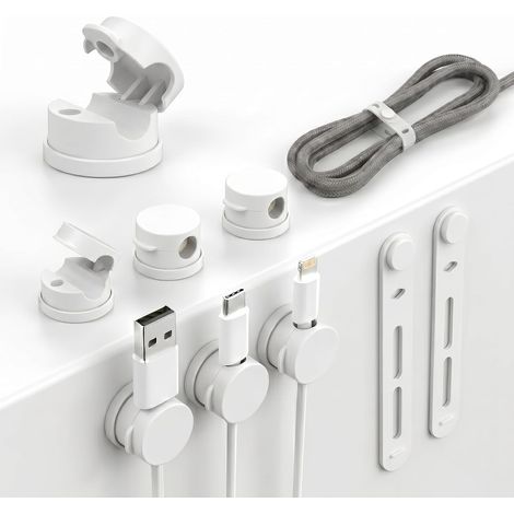 6 Pièces Support de Câble Magnétique Autocollant, clips rotatifs à 360° avec 2 attache cable. Organisateur pratique compatible câbles jusqu'à 7,5 mm, idéal pour câble USB, HDMI, audio(blanc) (1/5)