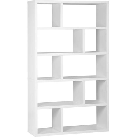 5-tier asymmetrical bookshelf with 10 compartments, Basiks, White, 111.2x39x190 cm