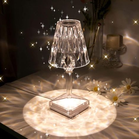 Lampe table en cristal diamant, 3 couleurs, lampe charge àcontrôle tactile, lampe chevet en acrylique style moderne, lampe de chevet portable sans fil, lampe de nuit, décoration en diamant