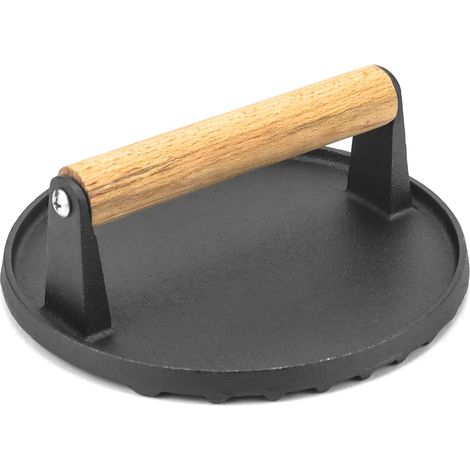 1 Presse À Hamburger En Fonte, Manche En Bois, 17,5 Cm, Pour Cuisson Sur Gril Et Plaque