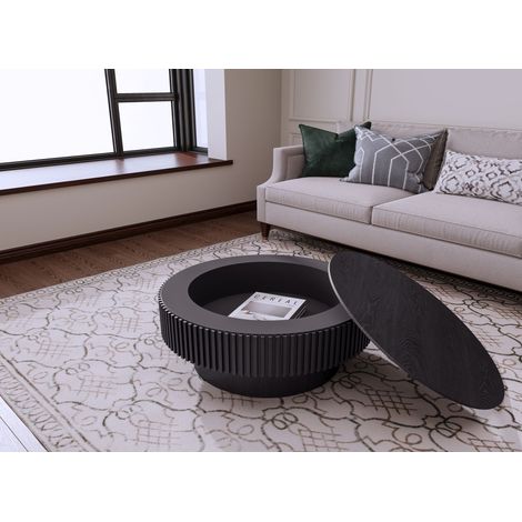 Table basse ronde 75cm en bois massif plaqué, moderne avec rangement, table d'appoint pour salon, chambre, appartement ou bureau, noir (1/5)