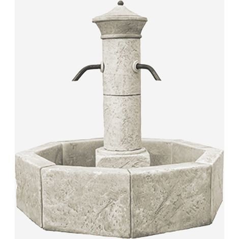 Habitat Et Jardin – Fontaine de jardin Méridionale – Pierre reconstituée – Diamètre 122 cm – Hauteur 116 cm – 4 becs verseurs en acier