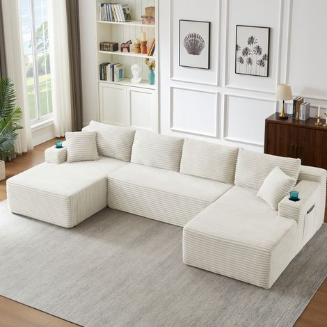 Modulares U-Sofa 339 x 168 x 82 cm aus beigem Cord HAVRYA (1/5)