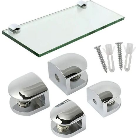 Pince à Verre Support d’Étagère en Verre Support de Tablette Mural Fixation Réglable, Verre Adaptatif de 8-10 mm d'Épaisseur, Finition Polie en Alliage de Zinc, 4 Pcs, EBL1012-4P (1/4)