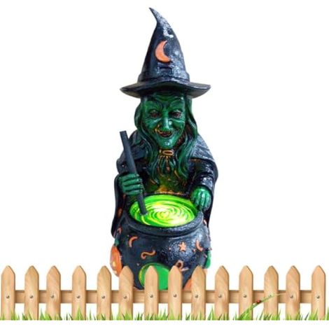Lampe de jardin d'Halloween – Chaudron solaire, piquet de sorcière LED vert (1/5)