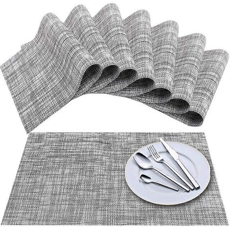 Ensemble de 8 sets de table gris et blanc, en vinyle tissé à mailles croisées, antidérapants, isolants et lavables. (1/5)