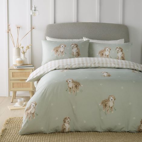 Housse de Couette Lit Simple (140 x 200 cm) Motifs réversibles (Vichy) 1 taie d'oreiller Parure de lit Verte avec Chiens Housse de Couette à Carreaux (1/3)
