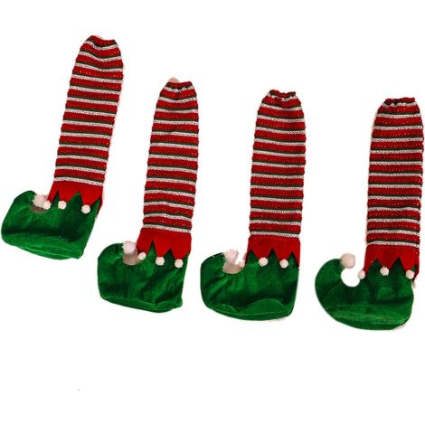 Lot de 4 housses de chaise de Noël à rayures, motif lutin, pour pieds de table, vertes (1/4)