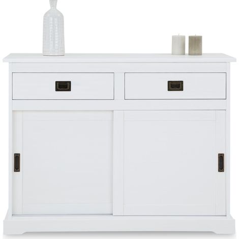 Idimex – Buffet en pin massif blanc – 2 tiroirs et 2 portes coulissantes – Dimensions 84 x 110 x 46 cm – Étagère réglable – Style scandinave (1/8)