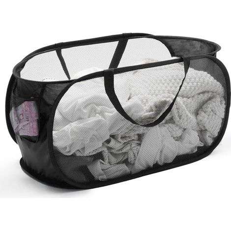 Panier à linge pliable en maille noire avec poignées et poches résistantes, portable, F (1/4)