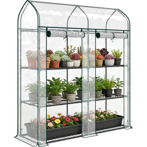 Invernadero de jardín, pequeño invernadero de balcón con estantes de 3 niveles en lona de PVC y estructura de acero, 143 x 46 x 165 cm, transparente (1/5)