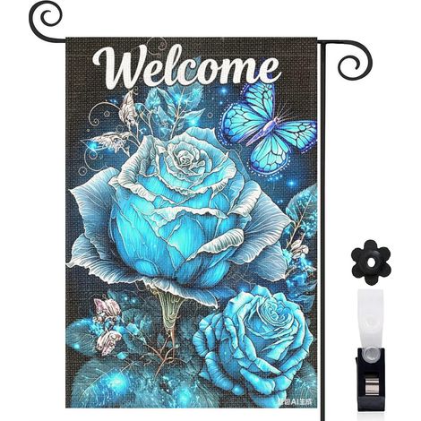 Bannière de cour papillons et roses bleues magiques 30 x 45 cm décoration extérieure et intérieure (1/5)