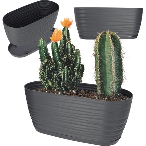 KADAX Blumentopf mit Untersetzer, aus Kunststoff, oval, 27 cm, Anthrazit