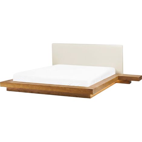 Cama LED moderna con plataforma mesitas de noche cabecero de piel sintética MDF madera de fresno natural 160 x 200 cm Zen (1/5)