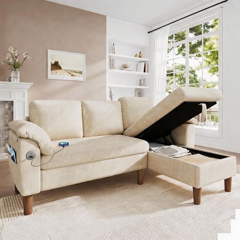 Canapé d'angle convertible 3 places en tissu chénille beige (1/5)