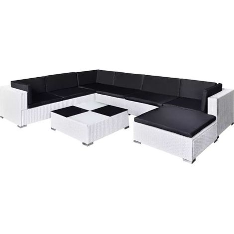 Salon de jardin 8 pièces résine tressée blanc coussins noir Kim (1/5)