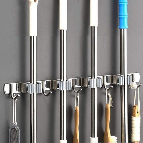 Support mural pour balai et serpillière en acier inoxydable SUS 304 – 4 fentes et 5 crochets – Charge maximale : 30 kg – Installation auto-adhésive ou par vis (1/5)