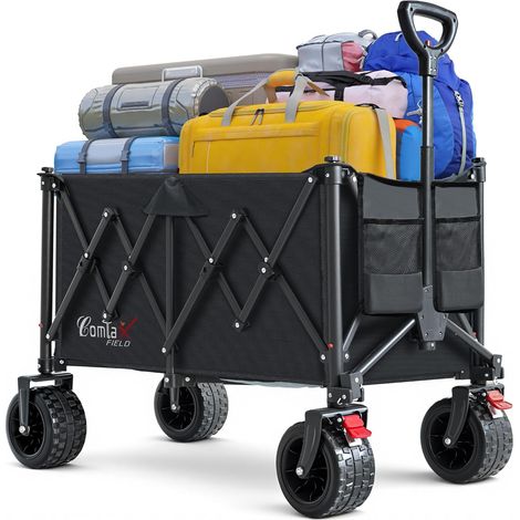 Chariot Pliable 200L 200KG, Chariot Pliable avec Roues Larges, Chariot de Plage Pliable avec Freins, Charrette Noire (1/5)
