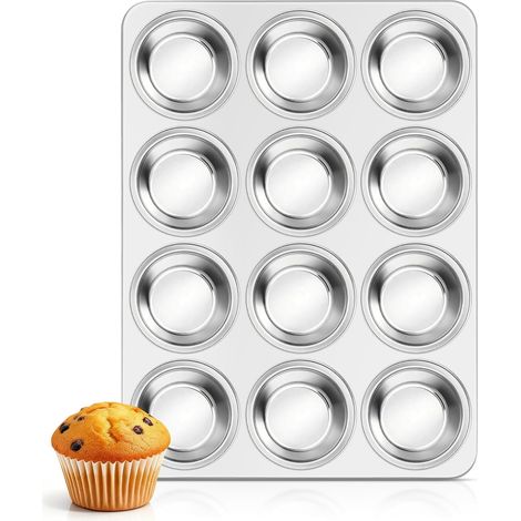 Muffin Tin 12 Cup, Stainless Steel Yorkshire Pudding Tray for Baking, Cupcake Moulds for Pudding/Pie/Brownies/Muffin/Cupcakes, Non Toxic & Heavy Duty, Oven & Dishwasher Safe