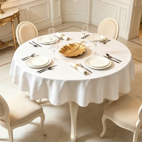 Nappe ronde 140 cm blanc lavable et enduite - Nappe anti-tache design scandinave - Nappe cuisine moderne (1/5)