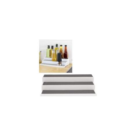 Küchenarbeitsplatten-Organizer, 3-stufiges Teleskopregal zur Arbeitsplattenverlängerung, rutschfeste Oberfläche, Kunststoff, 37 x 8,5 x 8,5–23 cm, Weiß – Grau – Crezuo