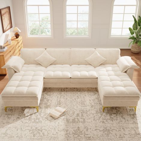 Canapé d'angle U modulable 4 places, 2 chaises longues, chenille beige, pieds métal doré DESVIAE (1/5)