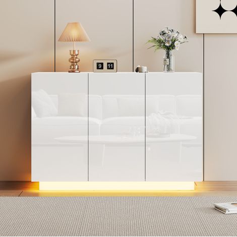 Aparador almacenamiento con LED y puertas brillo blanco OKMYHOME (1/5)