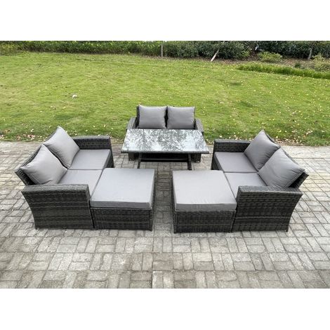 Fimous 8-Sitzer Garten Esstisch Set Polyrattan Outdoor Möbel Sofa mit Rechteckiger Esstisch Doppelsitz Sofa 2 hohen Hockern Dunkelgrau Gemischt (1/5)