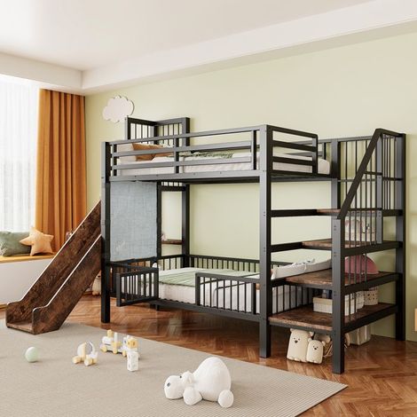 Lit superposé - Modèle enfant - 90 x 200 cm - Métal gris - Toboggan & escalier rangement (1/5)