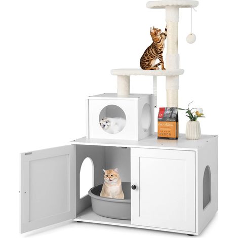 Goplus – Arbre à chat avec toilette cachée – Griffoir en sisal – Dimensions 77,5x49x132 cm – Balle suspendue pour divertissement – Construction robuste (1/5)
