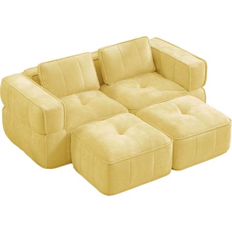 Sofá modular de 2 plazas con 2 pufs, espuma 32D, tejido amarillo (1/5)
