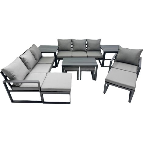 Fimous Outdoor Garden Furniture Set Aluminium Lounge 3 Seat Sofa Oblong Coffee Table Sets with Chair 4 Stools 2 Side Tables Dark Grey (1/5)