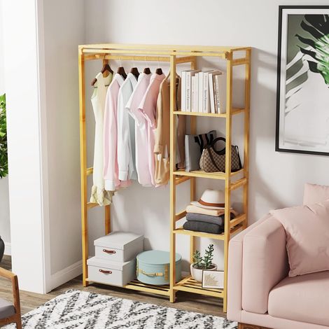 Penderie à Vêtement Autoportante: Armoire Ouverte en Bambou Durable Porte Manteau sur Pieds Penderie avec Rideau Idéal pour Maison Chambre Salon Vestiaire - 146x91x30cm Charge Max 45kg (1/5)