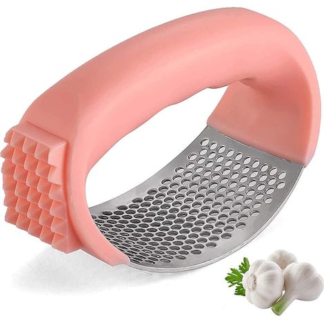 Presse-ail à bascule, 2 en 1 multifonctionnel, broyeur d'ail, hachoir à ail en acier inoxydable, brosse de nettoyage et éplucheur d'orange (rose) (1/5)