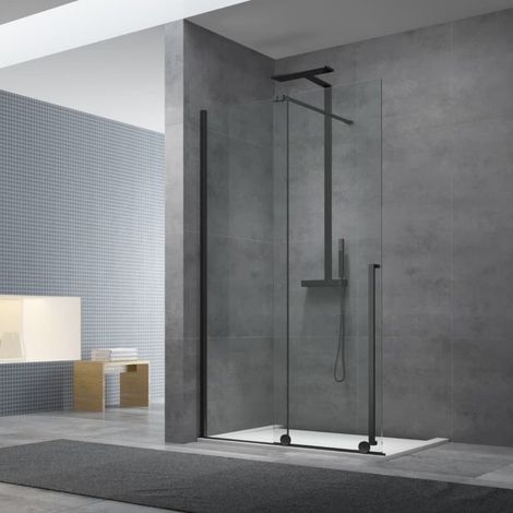 Swiss Aqua Technologies X-MOTION 120x200cm Paroi en verre coulissante Crystal Glass® 8 mm anticalcaire, avec bras et profilés Noir mat (SATBWIXM120C)