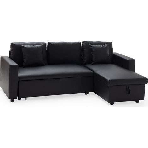 Happy Garden – Canapé d'angle convertible 3 places noir – Méridienne réversible – Coffre de rangement – Couchage 2 personnes – Simili – Dimensions 225x146x85cm