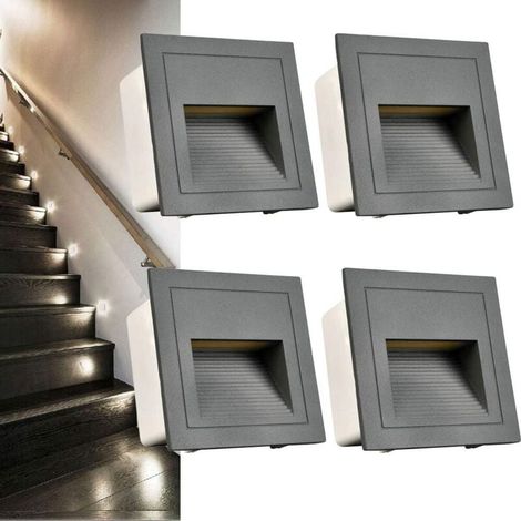 Ineasicer Ensemble de 4 LED Applique Encastré Murale carré, Blanc froid IP65 Lumières d'escalier, Lumières de marche, Aluminium, Éclairage et Lumières décoratives Boitier griS (1/4)
