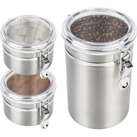 Boîte à café hermétique, conteneurs de stockage de café, pot de stockage alimentaire en acier inoxydable pour café moulu, grains de café, thé, sucre, farine, céréales (Argent-1,8L1+1,2L2) (1/4)