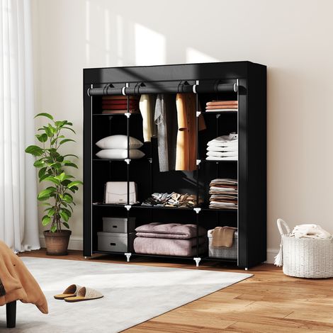 Armoire de rangement penderie en tissu pliable avec barre de suspension et étagères. 150 x 43 x 162.5 cm. noir