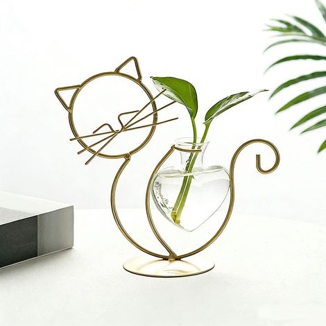 Vase Hydroponique En Forme De Chat - Support En Fer Forgé Doré - Pour Plantes D'intérieur - 20 X 19 Cm - 1 Pièce (1/5)