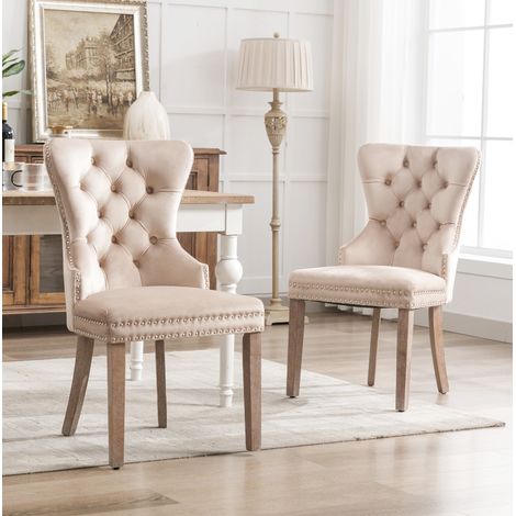 Chaise salle a manger velours beige pieds bois retro OKMYHOME (1/5)
