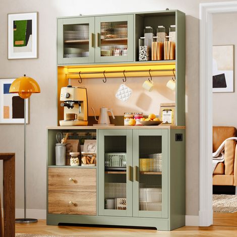 Credenza alta da cucina con LED, prese USB e vetrina in vetro temperato 110x40x178 cm (1/5)