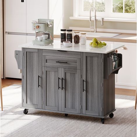 Carrello da cucina 136x70x92 cm in pannelli di legno grigio con spazio contenitore FloraGrace (1/5)