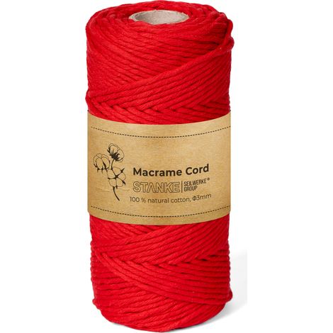 STANKE Fil macramé 3mm 100 m couleur Rouge - fil de coton pour crochet, DIY boho, paniers, attrape-rêves - corde coton pour guirlandes, dessous de verre, sacs - 100% cotton, torsadé, grande bobine