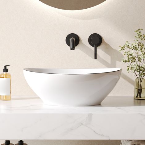 Vasque à poser ovale céramique blanc bord noir 41.5x33.5cm – Design moderne salle de bain – DeerValley
