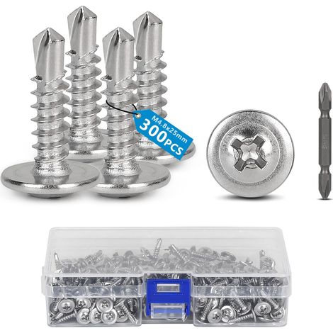300 pcs Vis autoforeuse metal M4,8 x 25mm Vis à tête ronde autoperceuse avec forets Auto-perceuses pour métal Empreinte PH/Cruciforme pour metal, tôle dacier aluminium bois (1/4)