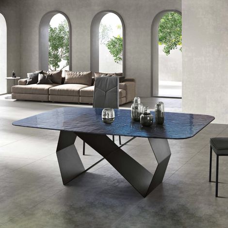 Tavolo fisso 210 cm KARL con base metallo Nero e piano vetro martellato Blu (1/5)