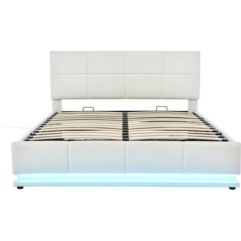Cama con arcón 160 x 200 cm con LED, somier metálico y cabecero regulable, blanca (1/5)