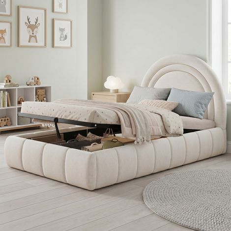 Lit simple rembourré 90x200 cm avec rangement hydraulique, tête de lit capitonnée et sommier à lattes, velours, beige (1/5)