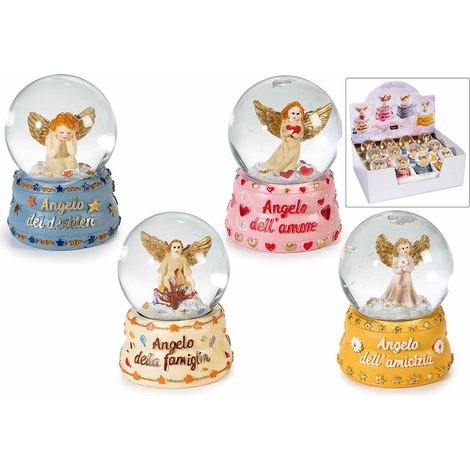 Palle a neve con glitter con decorazioni angioletti e base in resina con scritte e dettagli dorati .In espositore da 12 pezzi, set da 12 pezzi